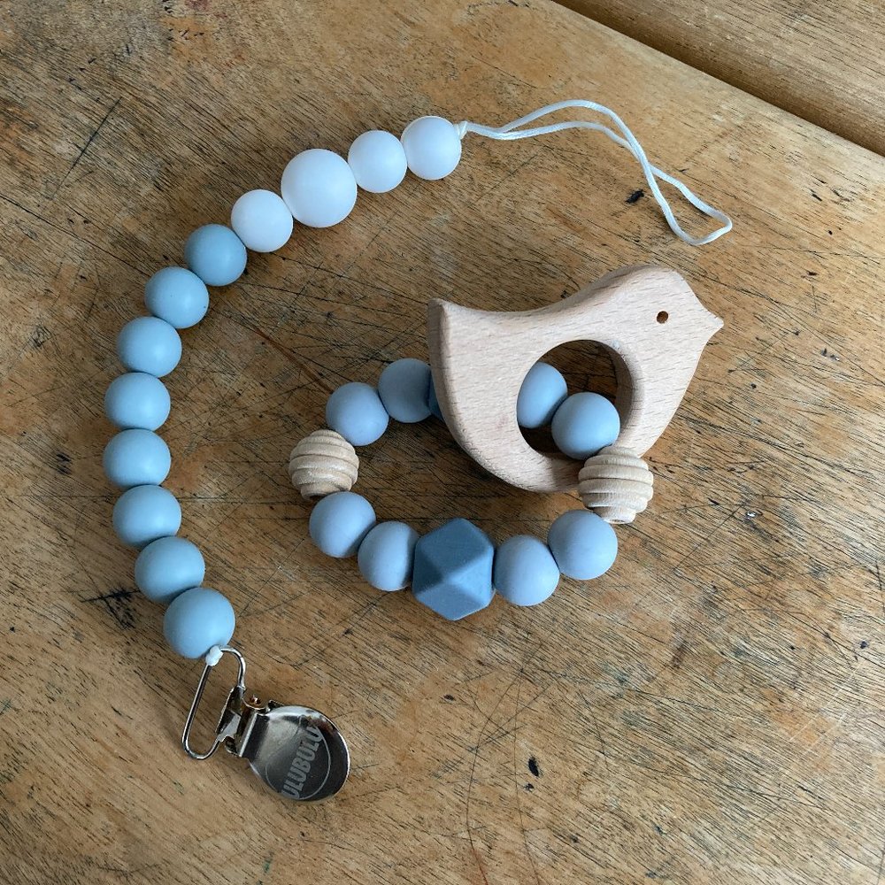 Boutique Wood Silicone Pacifier Clip & Bird Teether Unisex